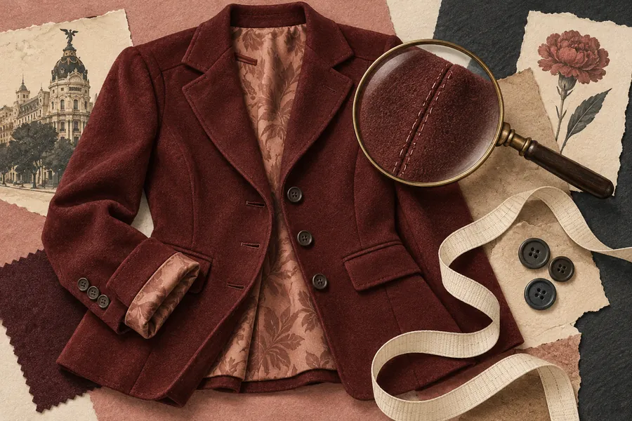 Ilustración de una chaqueta vintage con lupa sobre una costura, botones y cinta métrica sin cifras.