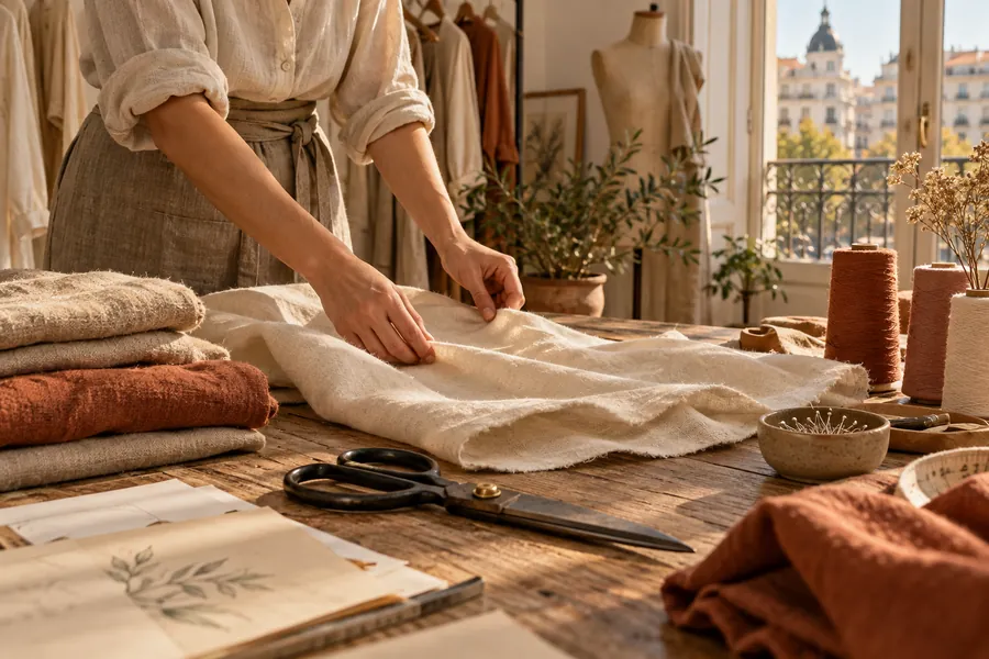 Escena ilustrativa de un taller de moda con tela, patrones y herramientas