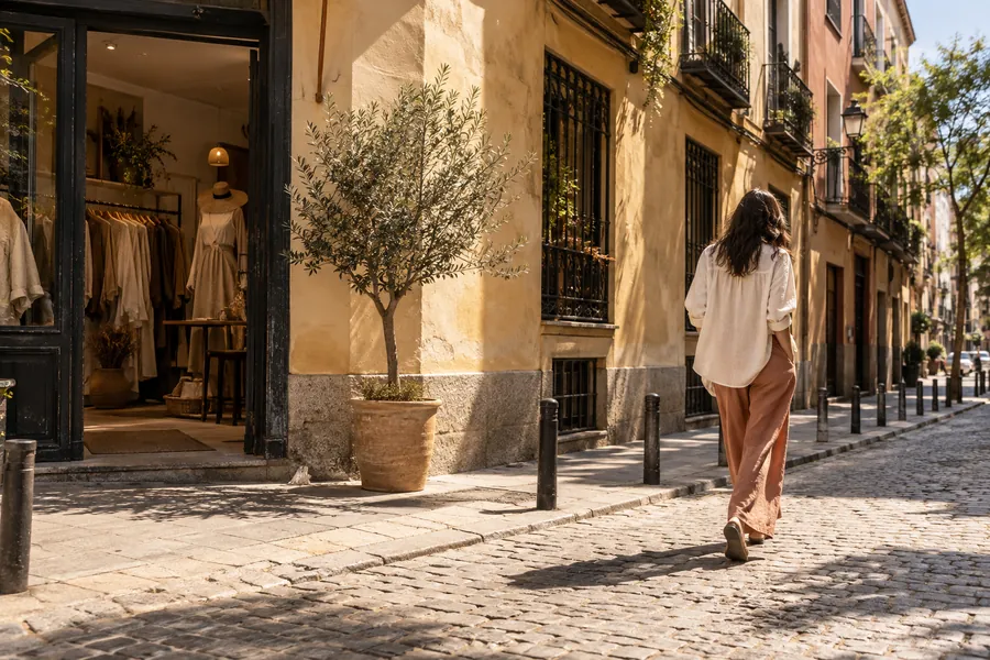 Escena ilustrativa de una calle de Madrid con una figura de espaldas vestida de lino